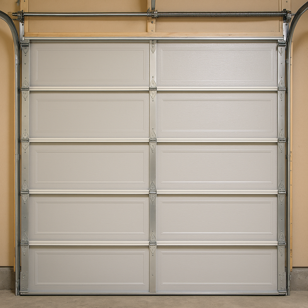 Inside view of a classic white raised-panel residential garage door with silver hardware and overhead spring mechanism.