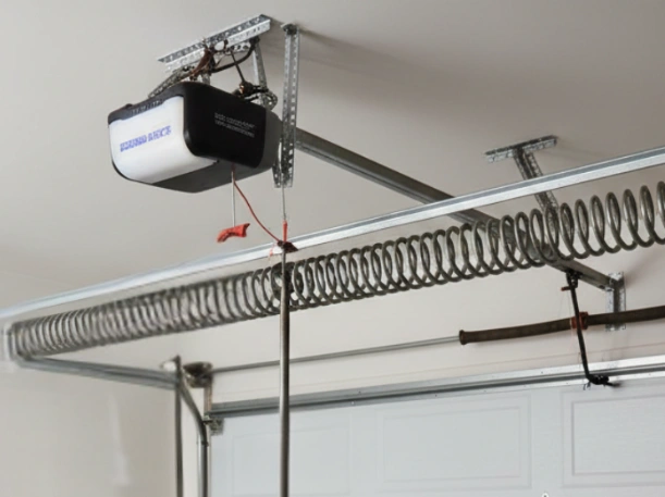 Professional installation of a ceiling-mounted automatic garage door opener and heavy-duty torsion spring system by Greer Garage Doors.