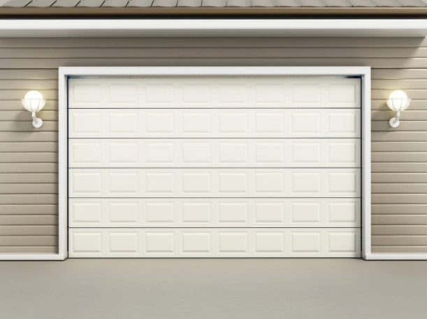 Classic white short-panel raised garage door with a textured finish, installed on a tan-sided home with white trim and exterior lighting by Greer Garage Doors.