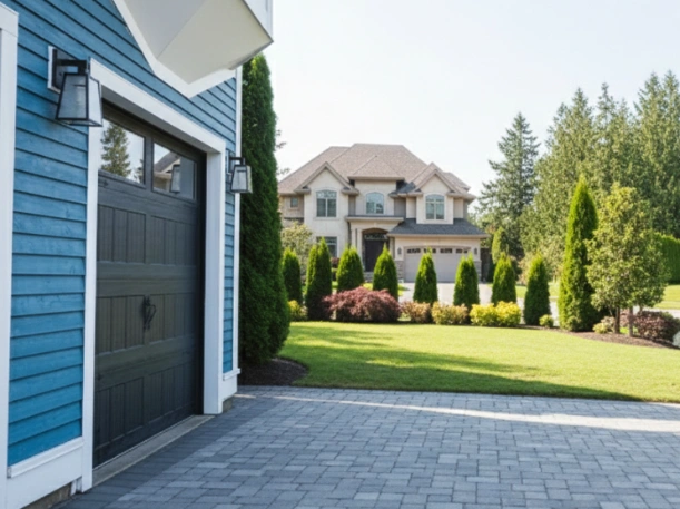 Black carriage house garage door with decorative hardware and top-row windows installed on a modern blue home by Greer Garage Doors.