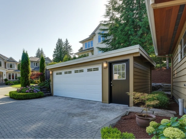 Custom white 16-foot garage door with Stockton-style window inserts installed on a modern detached two-car garage by Greer Garage Doors.