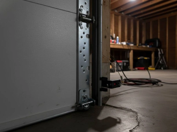 Detailed view of a residential garage door bottom bracket, roller, and safety sensor installed on a white sectional door.