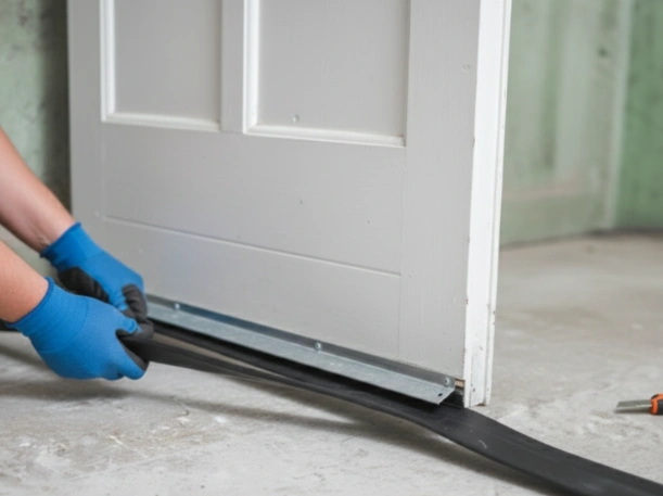 Close-up of a technician's hands installing a new heavy-duty rubber bottom weather seal on a white sectional garage door by Greer Garage Doors.