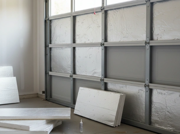 Interior view of a garage door insulation project featuring radiant barrier foil-faced foam panels being installed on a sectional door by Greer Garage Doors.