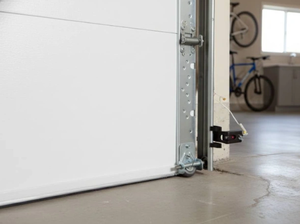 Close-up of a garage door safety sensor with an active infrared beam, installed on a white sectional door track by Greer Garage Doors.